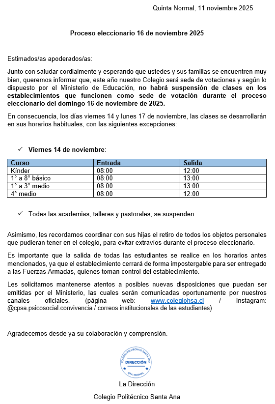 Salida Anticipada viernes 14/11 por proceso eleccionario.
