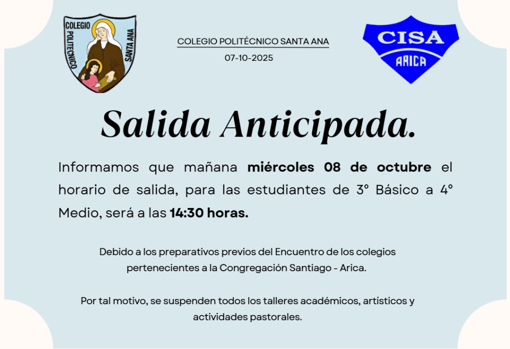 Salida Anticipada- Miércoles 08 de Octubre.