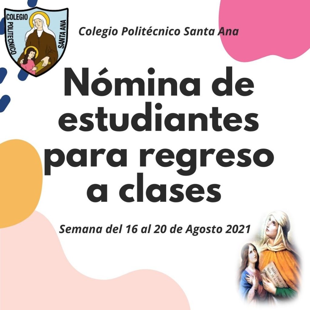 Nómina de Estudiantes para regreso a clases presenciales semana del 16 al 20 de Agosto