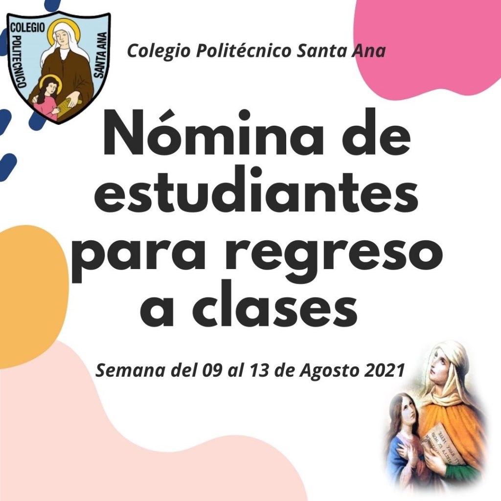 Nómina de Estudiantes para regreso a clases presenciales semana del 09 al 13 de Agosto