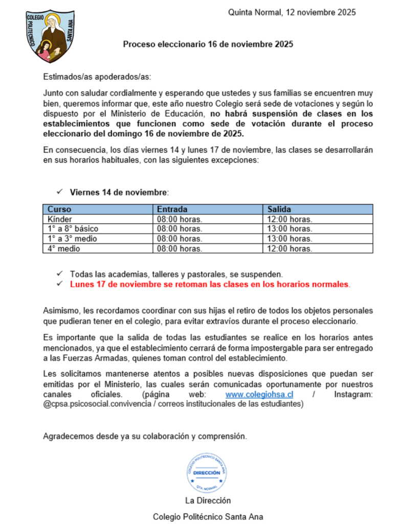 Salida Anticipada viernes 14/11 por proceso eleccionario.