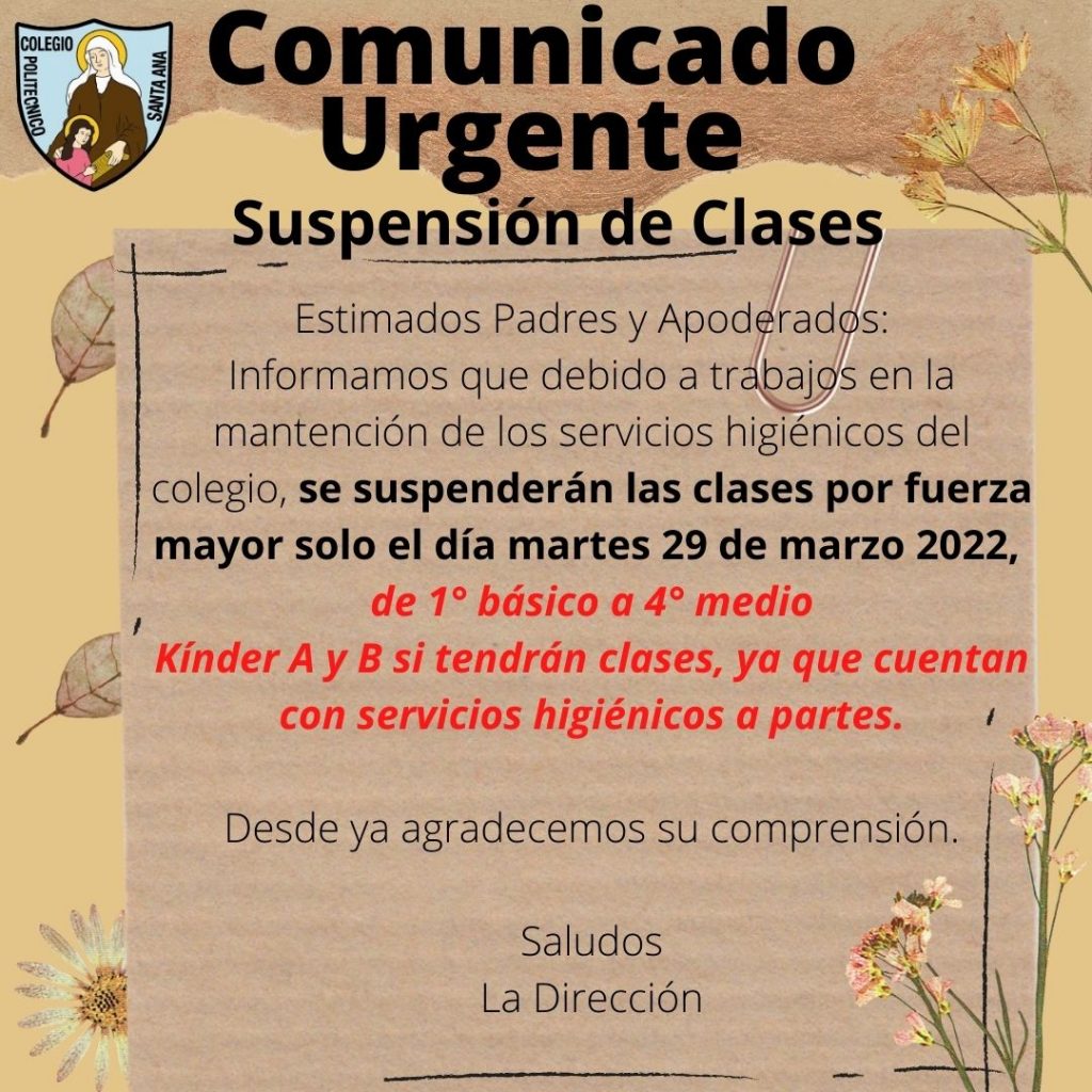 Comunicado Urgente: Suspensión de clases martes 29 de marzo